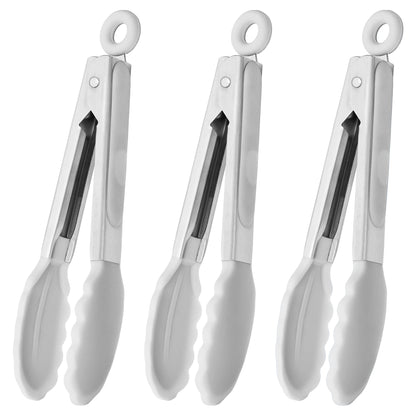 HINMAY Small Silicone Tongs 7-Inch Mini Serving Tongs, Set of 3 (Black Gray White)