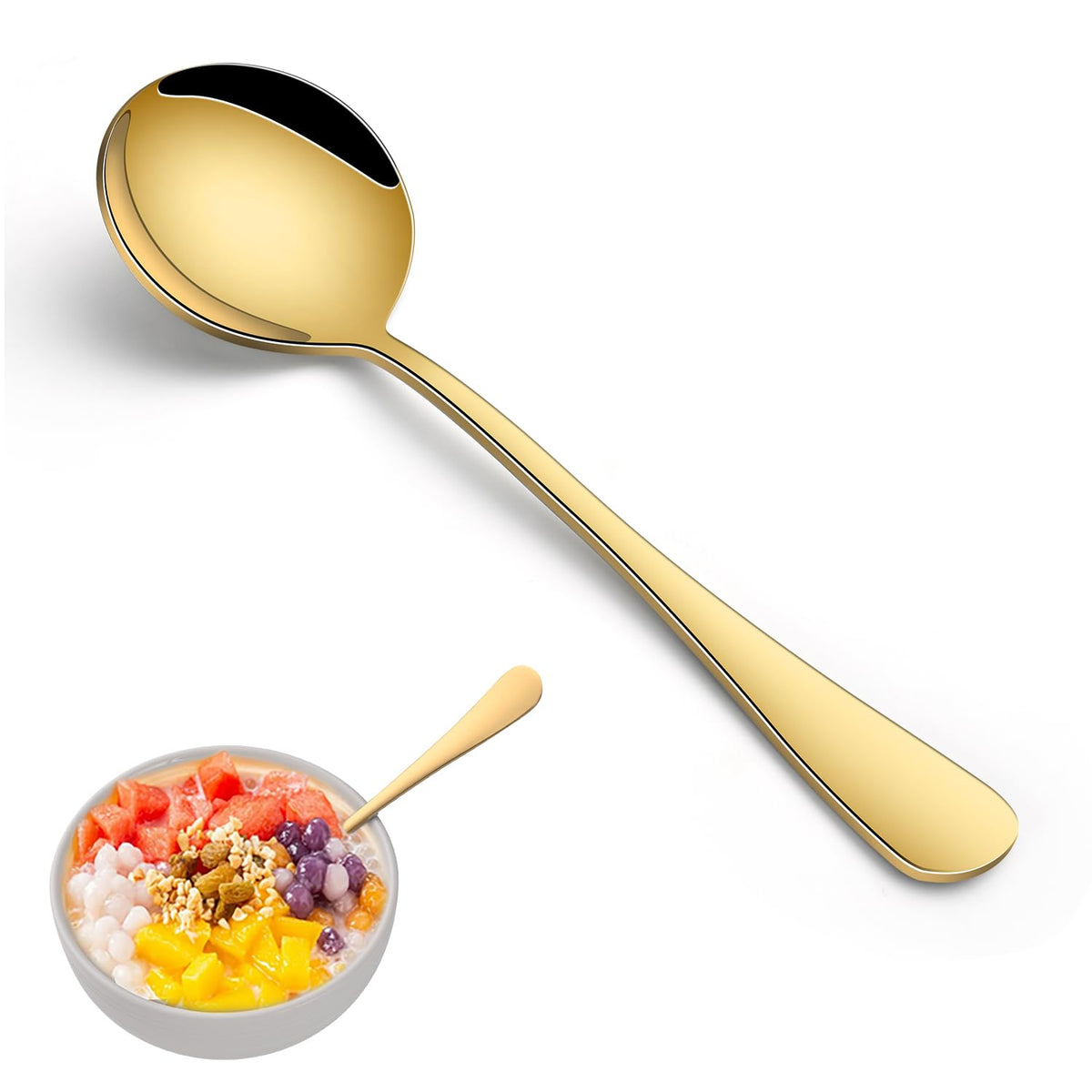 Round Soup Spoons Set of 8, 7.4 Inch Classic Metal Kitchen Silverware Spoons, Mirror Polished Stainless Steel Spoons for Cereal, Dessert