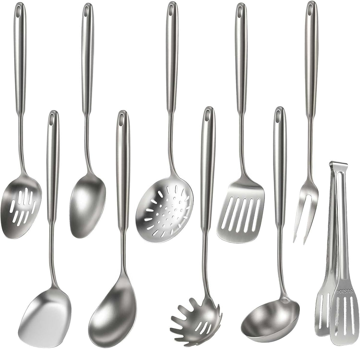 Newness 10 Pcs Cooking Utensils Set,18/8 304 Stainless Steel Kitchen Utensils Set, Metal Kitchen Accessories, Include Soup Ladle, Slotted Skimmer Spoon, Spaghetti Spoon, Spatula, Tongs,Dishwasher Safe