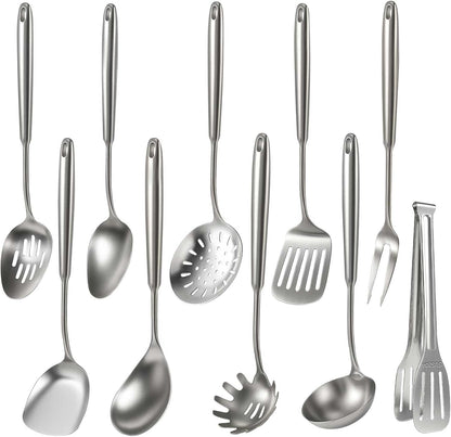 Newness 10 Pcs Cooking Utensils Set,18/8 304 Stainless Steel Kitchen Utensils Set, Metal Kitchen Accessories, Include Soup Ladle, Slotted Skimmer Spoon, Spaghetti Spoon, Spatula, Tongs,Dishwasher Safe