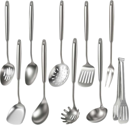 Newness 10 Pcs Cooking Utensils Set,18/8 304 Stainless Steel Kitchen Utensils Set, Metal Kitchen Accessories, Include Soup Ladle, Slotted Skimmer Spoon, Spaghetti Spoon, Spatula, Tongs,Dishwasher Safe