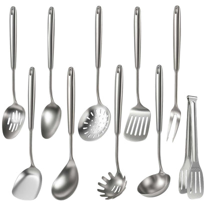 Newness 10 Pcs Cooking Utensils Set,18/8 304 Stainless Steel Kitchen Utensils Set, Metal Kitchen Accessories, Include Soup Ladle, Slotted Skimmer Spoon, Spaghetti Spoon, Spatula, Tongs,Dishwasher Safe