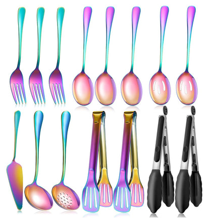 Serving Utensils Set for Partie, Silver Stainless Steel Metal Serveware Large Serving Spoons, Slotted Spoons, Forks, Tongs, Soup and Skimmer Spoon, Cake Server for Buffet, Catering, Entertaining 15pcs