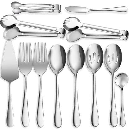 6 PCS Stainless Steel Serving Utensils, Large Serving Spoons Slotted Spoons, Forks, Ice Suger Tongs, Cake Server, Soup Ladle, Metal Utensils Set Great for Buffet Catering Banquet Party, Silver