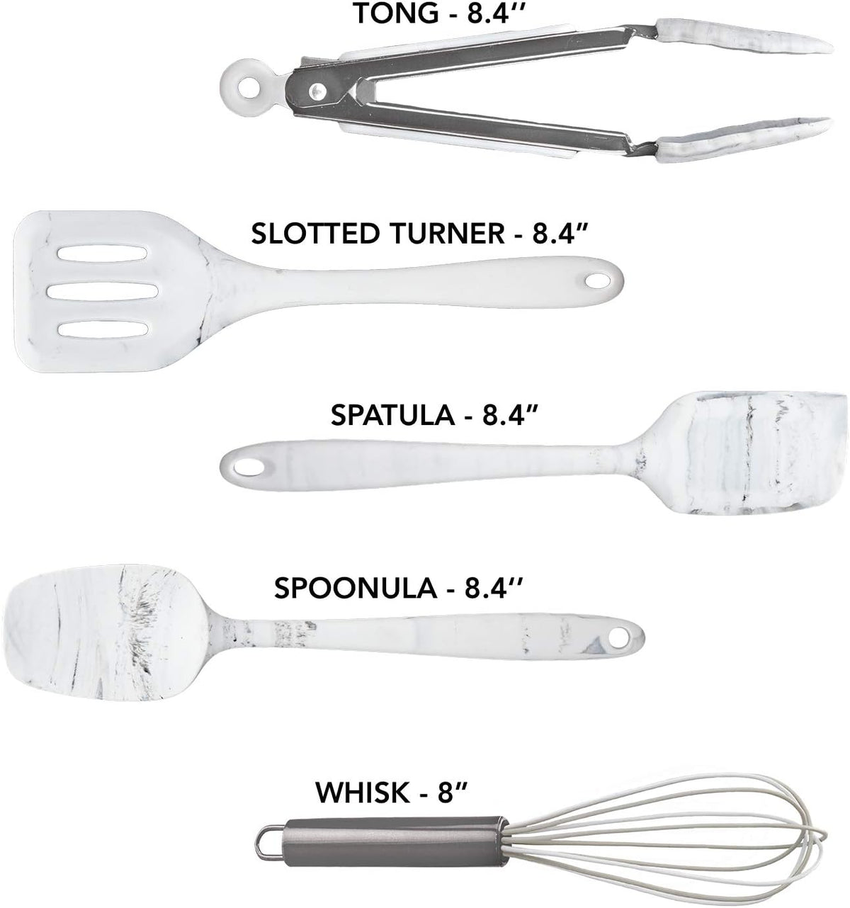 COOK WITH COLOR Silicone Cooking Utensils, Kitchen Utensil Set, Easy to Clean Silicone Kitchen Utensils, Cooking Utensils for Nonstick Cookware, Kitchen Gadgets Set, Mini, Marble White