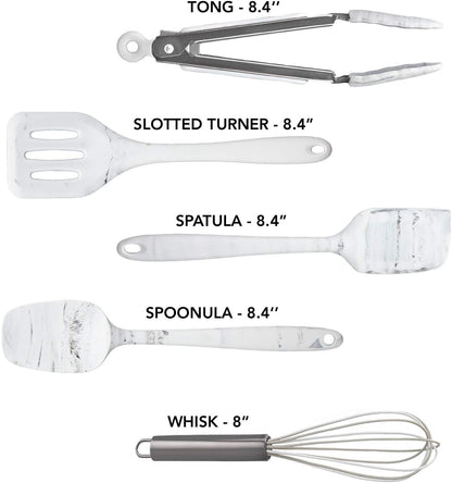 COOK WITH COLOR Silicone Cooking Utensils, Kitchen Utensil Set, Easy to Clean Silicone Kitchen Utensils, Cooking Utensils for Nonstick Cookware, Kitchen Gadgets Set, Mini, Marble White