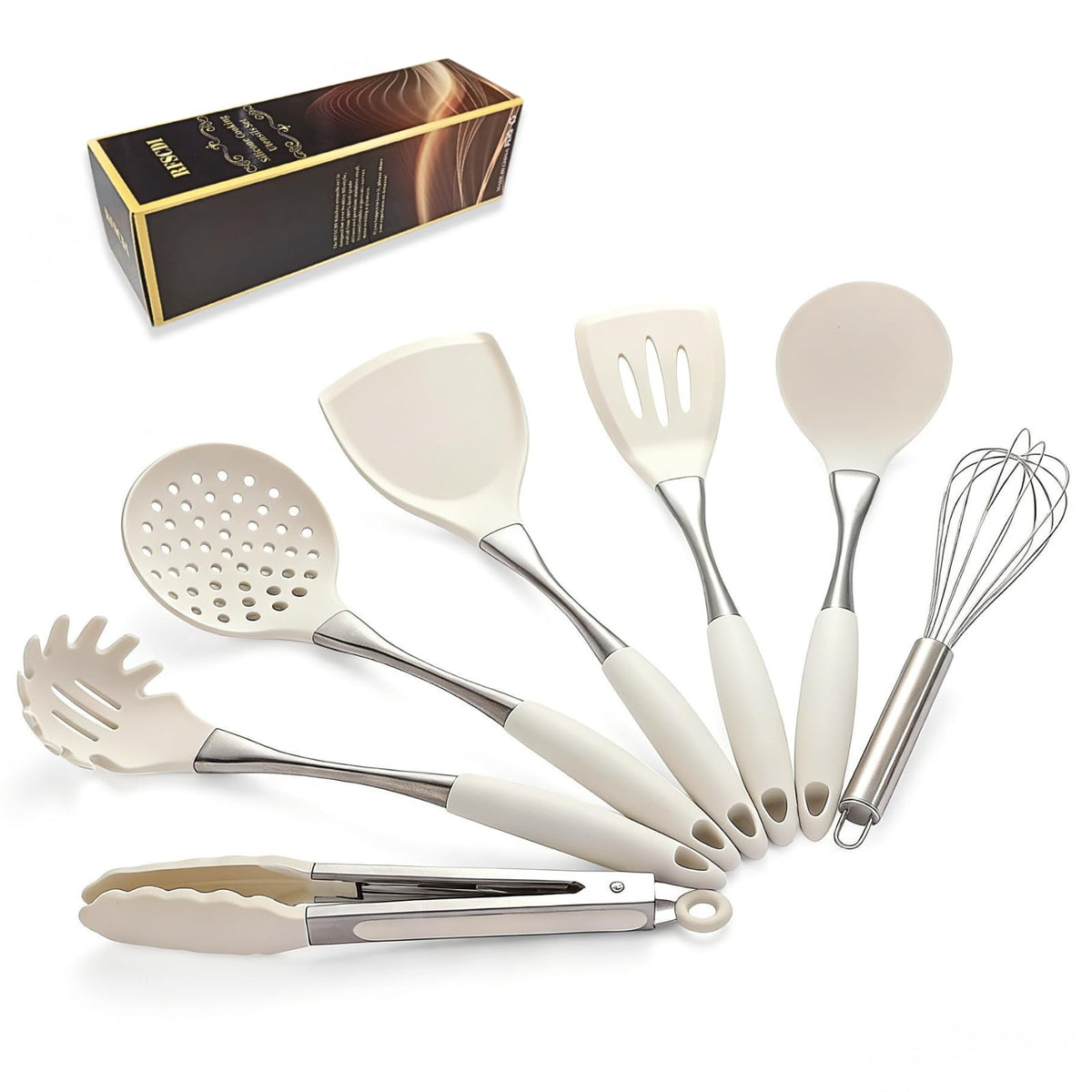 Silicone Cooking Utensil Set 7-Piece, Heat Resistant Kitchen Utensils Set Non-Stick with Wood Grain Handle, BPA-Free Spatula Set Dishwasher Safe (Space Gray)