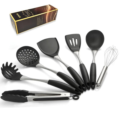 Silicone Cooking Utensil Set 7-Piece, Heat Resistant Kitchen Utensils Set Non-Stick with Wood Grain Handle, BPA-Free Spatula Set Dishwasher Safe (Space Gray)