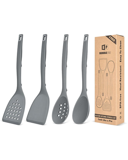 BUNDLEPRO Silicone Cooking Utensils Set, 4 Pcs Spatula and Spoon Set, Khaki