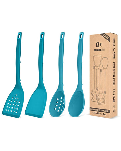 BUNDLEPRO Silicone Cooking Utensils Set, 4 Pcs Spatula and Spoon Set, Khaki