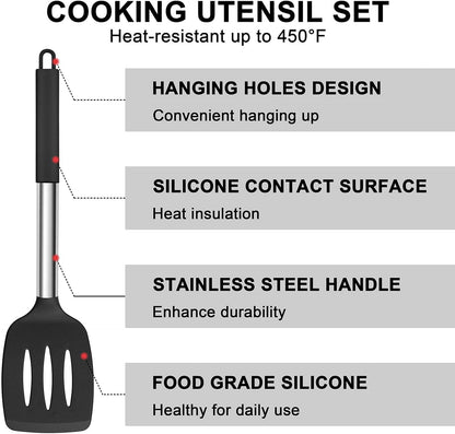 E-far Silicone Cooking Utensils Set, 7-Piece Black Kitchen Utensils Set