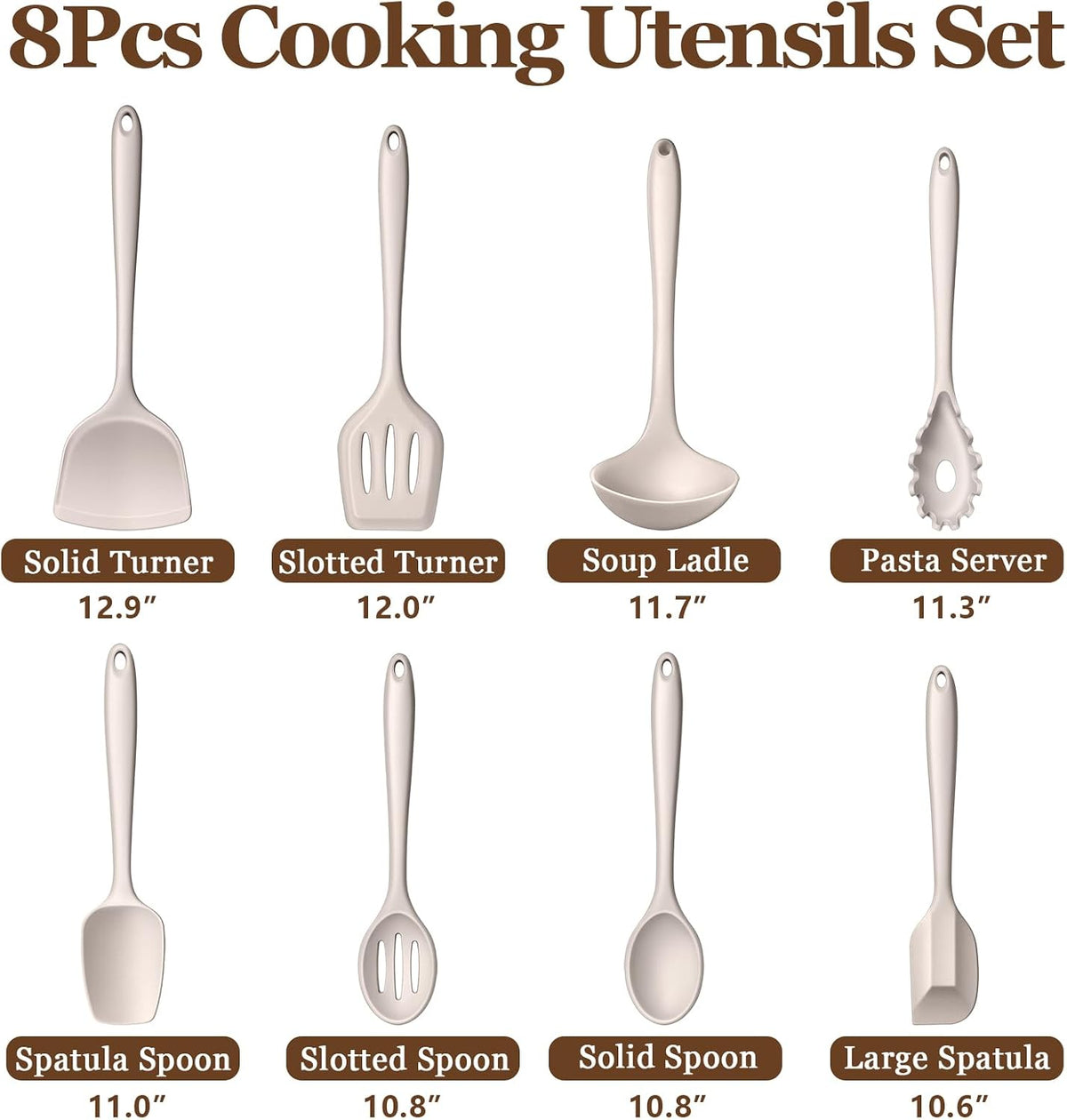 LIANYU Non-Toxic Kitchen Cooking Utensils Set, 8Pcs Khaki Silicone Utensils