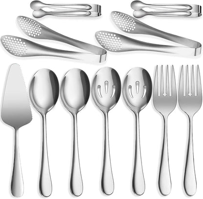 6 PCS Stainless Steel Serving Utensils, Large Serving Spoons Slotted Spoons, Forks, Ice Suger Tongs, Cake Server, Soup Ladle, Metal Utensils Set Great for Buffet Catering Banquet Party, Silver