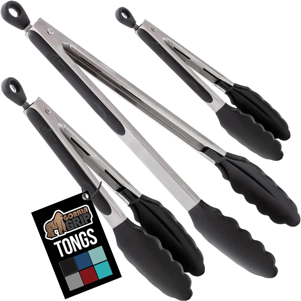 GORILLA GRIP Stainless Steel Kitchen Tongs for Cooking, 2 PK, Black