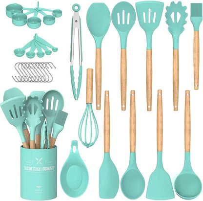 Umite Chef Kitchen Cooking Utensils Set, 33 pcs Non-Stick Silicone Cooking Kitchen Spatula Set with Holder, Wooden Handle Silicone Kitchen Gadgets Utensil Set (Black)