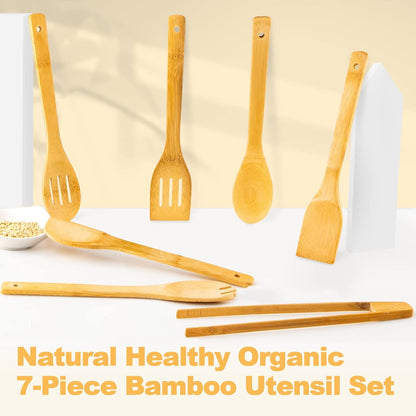 Eisinly 7-Piece Wooden Cooking Spoons, Natural Bamboo Utensil Set