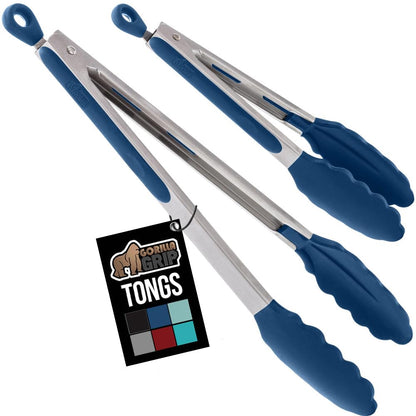 GORILLA GRIP Stainless Steel Kitchen Tongs for Cooking, 2 PK, Black