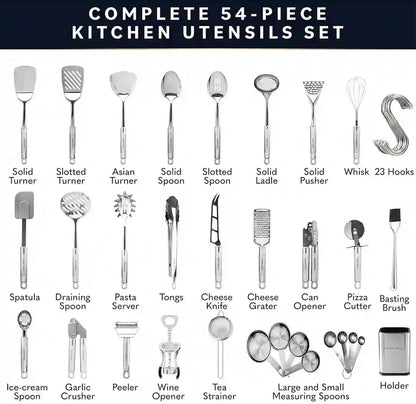 Home Hero 54-Piece Stainless Steel Kitchen Utensils Set - Heat-Resistant Nonstick Silicone & Stainless Steel Cooking Utensils - Complete Tools with Slotted Spoon & Pasta Spoon - Pack of 54, Silver