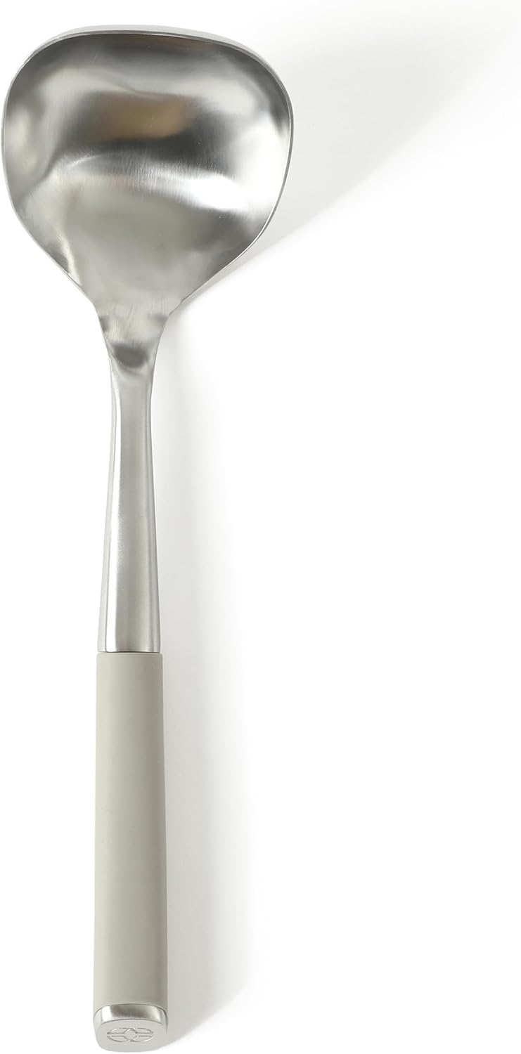 Calphalon Edge 6-Piece Stainless Steel and Silicone Kitchen Tool Set, Kitchen Utensil Set, Scraper, Skimmer, Spoon, Ladle, Turner, Pasta Server, Heat Resistant Nonstick Safe Cooking Utensils (Taupe)