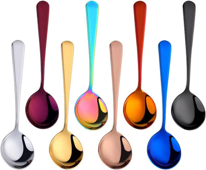 Broth Round Spoon Set, 8-Piece Reusable Stainless Steel Dinner Table Cereal Soup Spoon, Camping Ramen Spoons