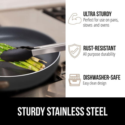 GORILLA GRIP Stainless Steel Kitchen Tongs for Cooking, 2 PK, Black