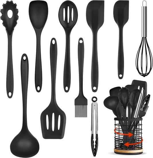 Silicone Kitchen Utensils Set with 360° Rotating 7.3'' Large Holder
