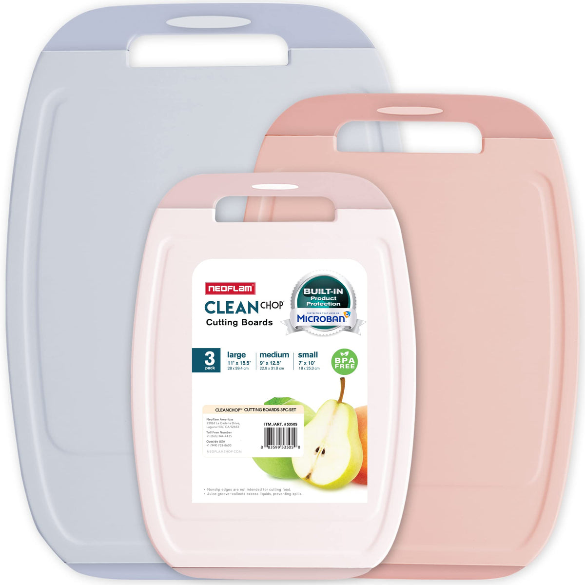 Neoflam Microban Protection Cutting Board 3 Piece Set, Stain & Odor/BPA Free, Reversable Board, Upgraded Larger Juice Groove, Non-Slip EZ Grip Handle, Dishwasher Safe,Grey
