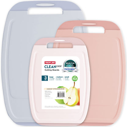 Neoflam Microban Protection Cutting Board 3 Piece Set, Stain & Odor/BPA Free, Reversable Board, Upgraded Larger Juice Groove, Non-Slip EZ Grip Handle, Dishwasher Safe,Grey