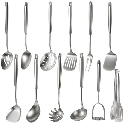 Newness 10 Pcs Cooking Utensils Set,18/8 304 Stainless Steel Kitchen Utensils Set, Metal Kitchen Accessories, Include Soup Ladle, Slotted Skimmer Spoon, Spaghetti Spoon, Spatula, Tongs,Dishwasher Safe