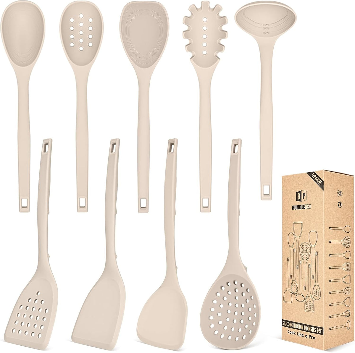 BUNDLEPRO Silicone Cooking Utensils Set, 9 Pcs Kitchen Utensils, One-Piece