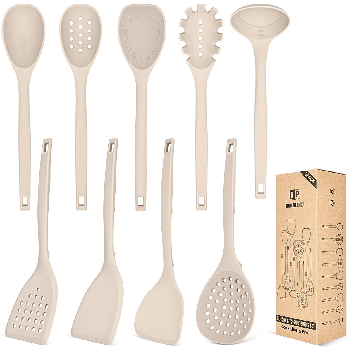 BUNDLEPRO Silicone Cooking Utensils Set, 9 Pcs Kitchen Utensils, One-Piece