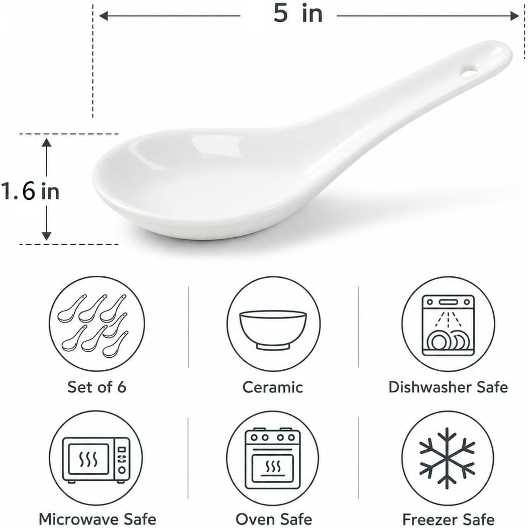 Soup Spoons Set of 6, Asian Ceramic Ramen Spoons 5", Pho Miso Wonton
