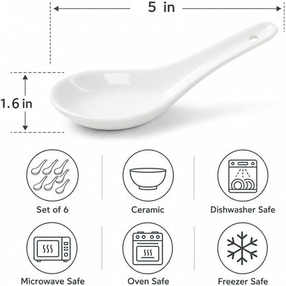 Soup Spoons Set of 6, Asian Ceramic Ramen Spoons 5", Pho Miso Wonton