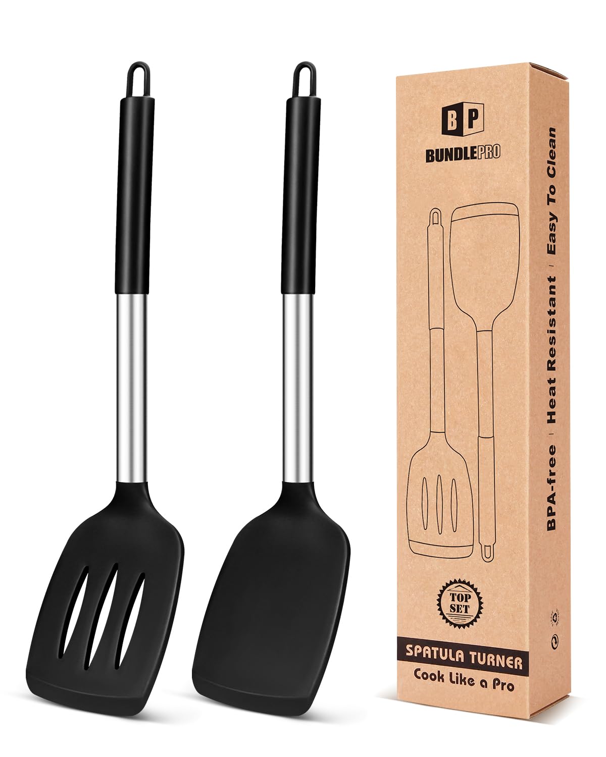 Pack of 2 Silicone Solid Turner, Non Stick Slotted Kitchen Spatulas, High Heat Resistant BPA Free Cooking Utensils, Ideal Cookware for Fish, Eggs, Pancakes(Black)