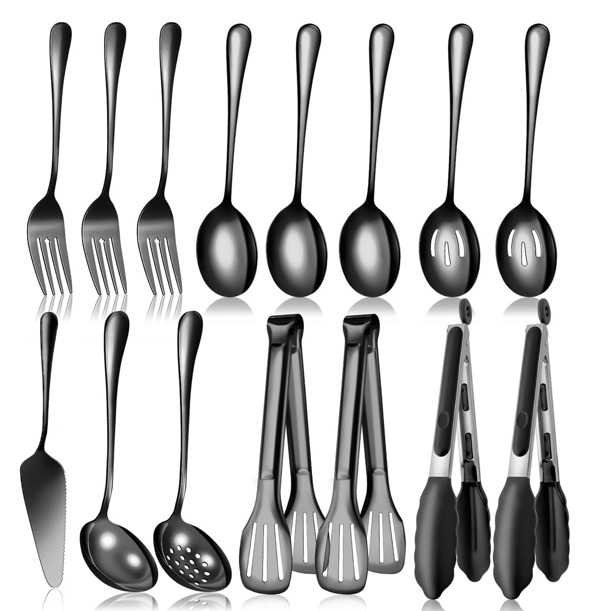 Serving Utensils Set for Partie, Silver Stainless Steel Metal Serveware Large Serving Spoons, Slotted Spoons, Forks, Tongs, Soup and Skimmer Spoon, Cake Server for Buffet, Catering, Entertaining 15pcs