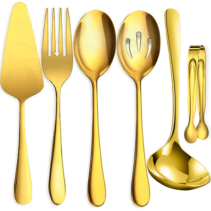 6 PCS Stainless Steel Serving Utensils, Large Serving Spoons Slotted Spoons, Forks, Ice Suger Tongs, Cake Server, Soup Ladle, Metal Utensils Set Great for Buffet Catering Banquet Party, Silver