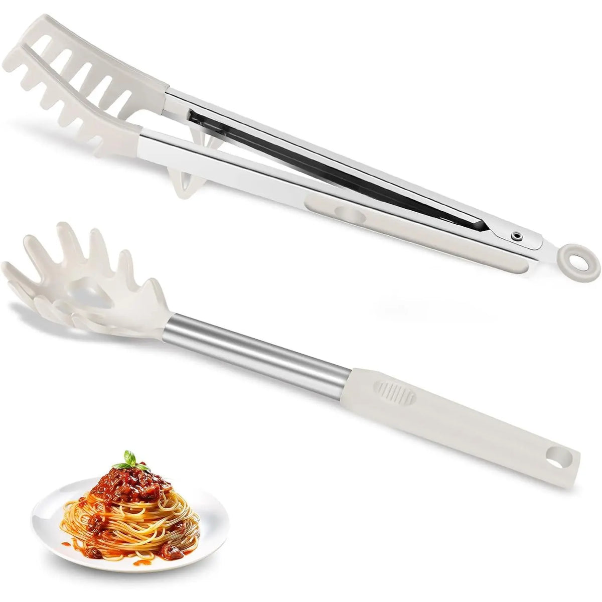 2-Piece Silicone Spaghetti Spoon and Pasta Tong Set, Heat-Resistant Non-Stick Noodle Server with Teeth, 13" BPA-Free Strainer Fork, Stainless Steel Handle for Pasta Cooking, BlackGift