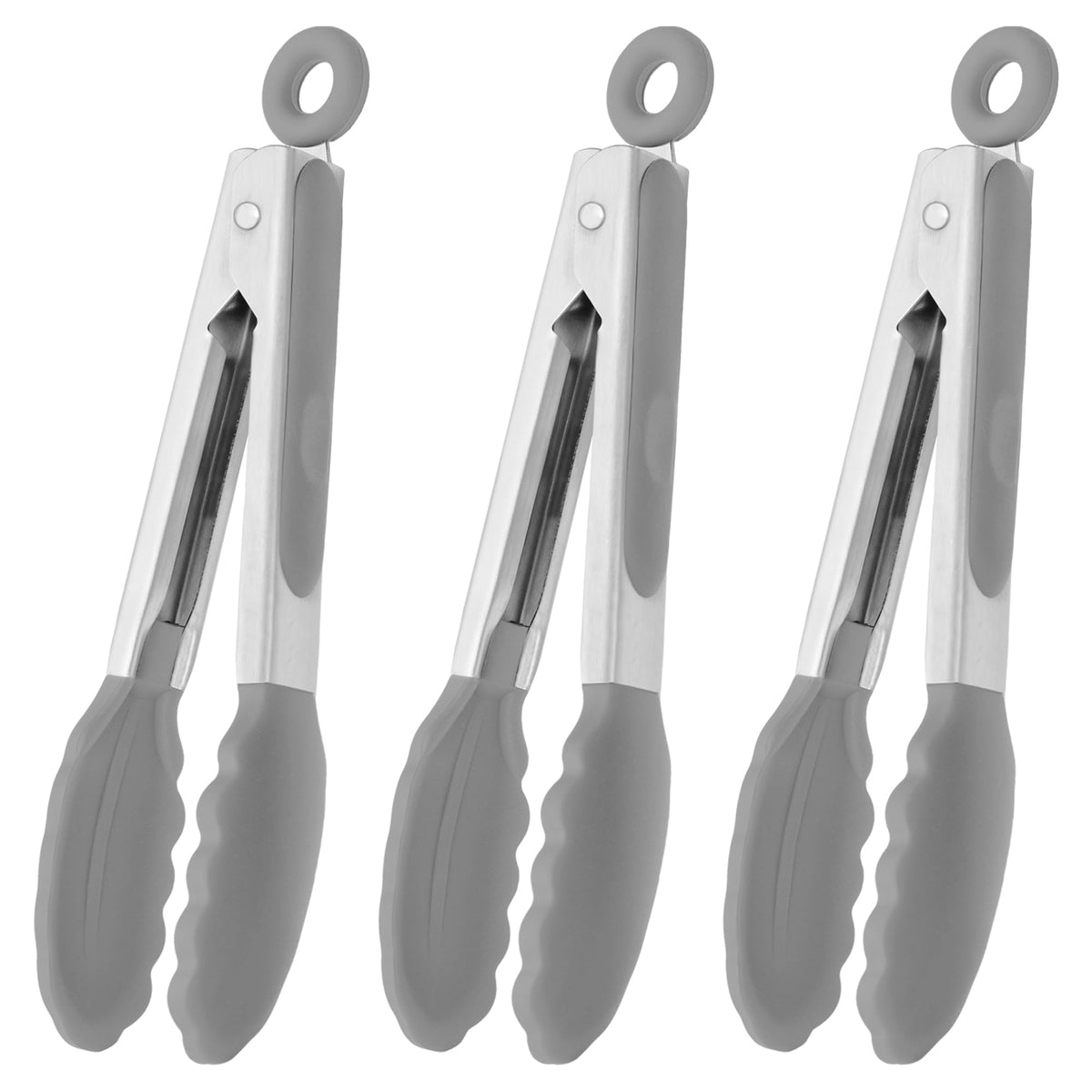 HINMAY Small Silicone Tongs 7-Inch Mini Serving Tongs, Set of 3 (Black Gray White)