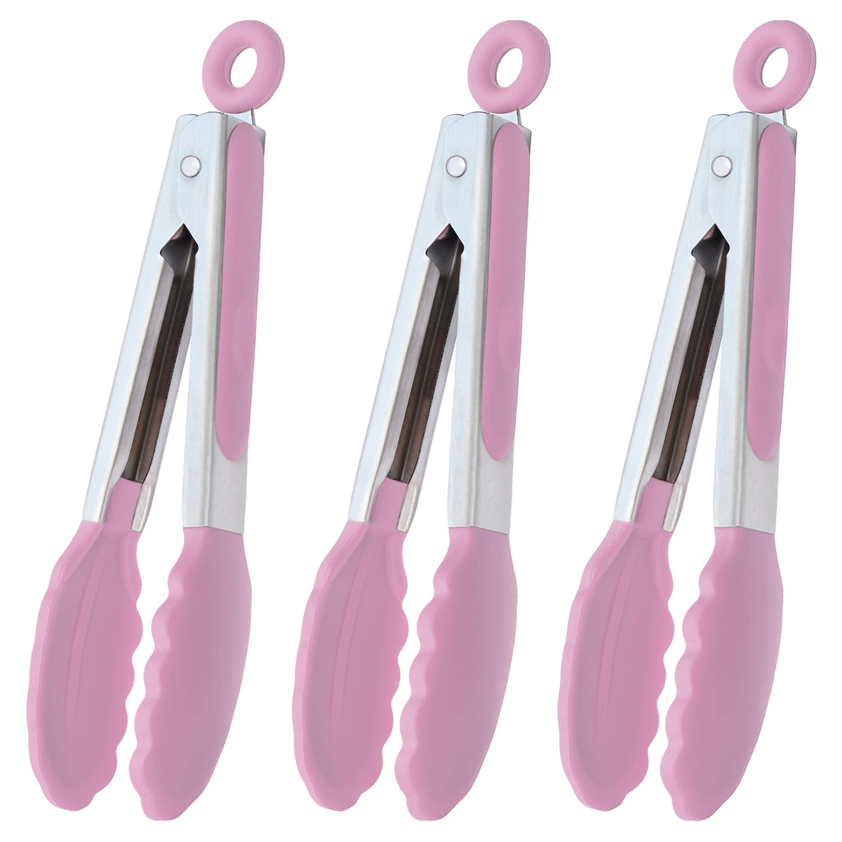 HINMAY Small Silicone Tongs 7-Inch Mini Serving Tongs, Set of 3 (Black Gray White)
