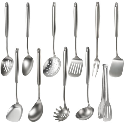 Newness 10 Pcs Cooking Utensils Set,18/8 304 Stainless Steel Kitchen Utensils Set, Metal Kitchen Accessories, Include Soup Ladle, Slotted Skimmer Spoon, Spaghetti Spoon, Spatula, Tongs,Dishwasher Safe