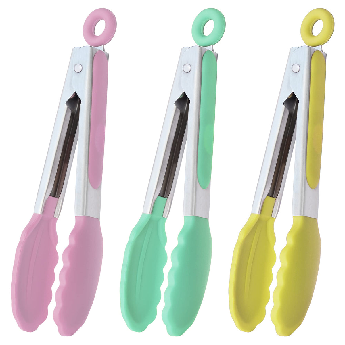 HINMAY Small Silicone Tongs 7-Inch Mini Serving Tongs, Set of 3 (Black Gray White)