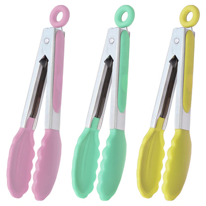 HINMAY Small Silicone Tongs 7-Inch Mini Serving Tongs, Set of 3 (Black Gray White)
