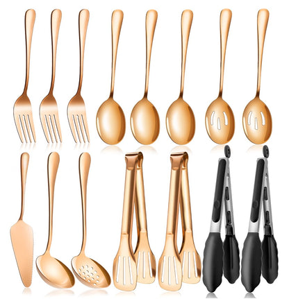 Serving Utensils Set for Partie, Silver Stainless Steel Metal Serveware Large Serving Spoons, Slotted Spoons, Forks, Tongs, Soup and Skimmer Spoon, Cake Server for Buffet, Catering, Entertaining 15pcs