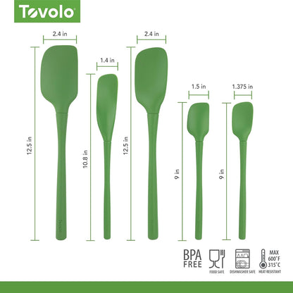 Tovolo Flex Core 5 Piece Silicone Spatula Set Heat Resistant All Silicone Utensils Include Non Stick Spatula Spoonula Jar Scraper, Dishwasher Safe BPA Free Spatulas for Baking Mixing, Pesto Green