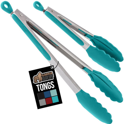 GORILLA GRIP Stainless Steel Kitchen Tongs for Cooking, 2 PK, Black