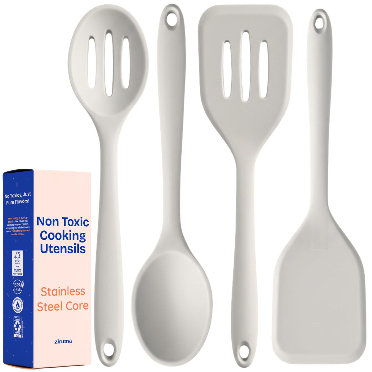 NonToxic Platinum Silicone Utensils, 100% Plastic-Free, 8-Pcs, Beige