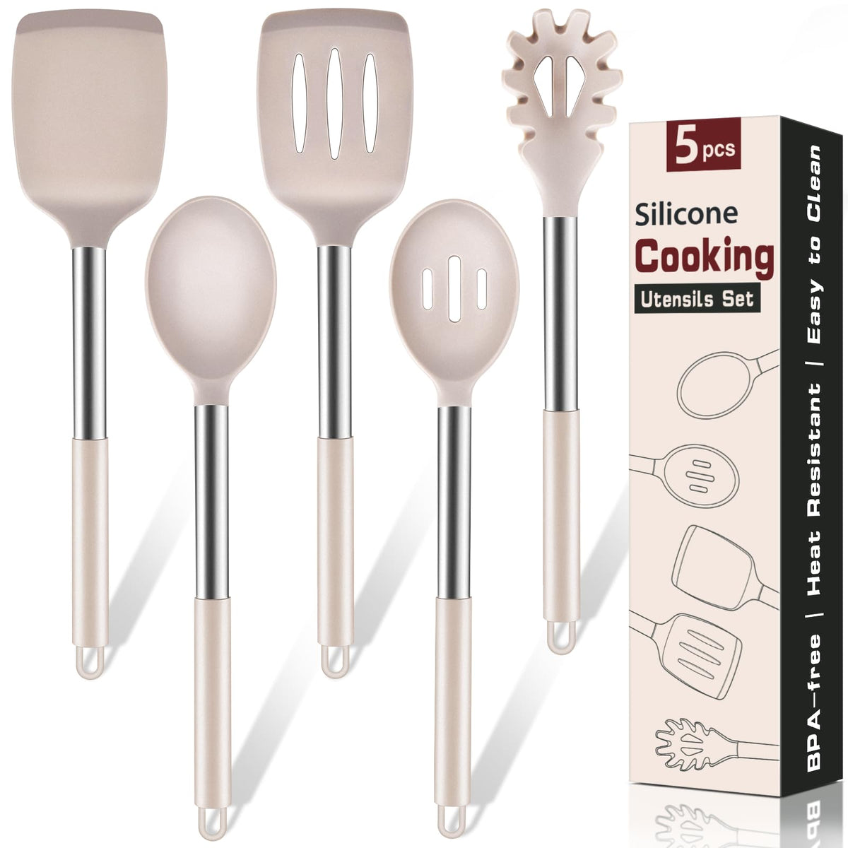 5Pcs Silicone Cooking Utensils Set, Heat Resistant Kitchen Tools Include Solid&Slotted Spatula, Cooking Spoon and Pasta Server, Silicone Kitchen Utensils set for Nonstick Cookware Flipping, Black