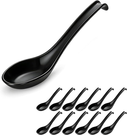 Berglander Asian Soup Spoons 12pcs, Plastic Chinese Won Ton Soup Spoon For Soba, Pho, Noodle, Japanese Ramen, Chinese and Vietnamese Wonton, Korean Style Large Spoon with Long Handle