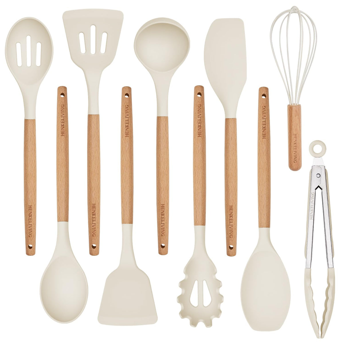 Silicone 10 Pcs Kitchen Cooking Utensils Set, Recycled Materials Certification, BPA Free Spatula Set with Heat Resistant Wood Handles for Nonstick Cookware, Cream White