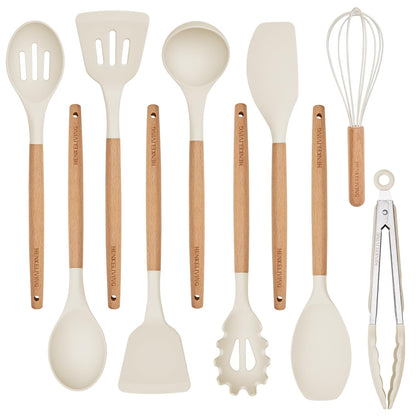 Silicone 10 Pcs Kitchen Cooking Utensils Set, Recycled Materials Certification, BPA Free Spatula Set with Heat Resistant Wood Handles for Nonstick Cookware, Cream White